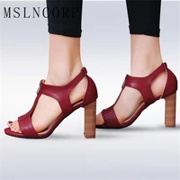 plus size 34 43 fashion hot summer women sandals high heels zipper t strap party shoes square heels ladies casual dress sandal