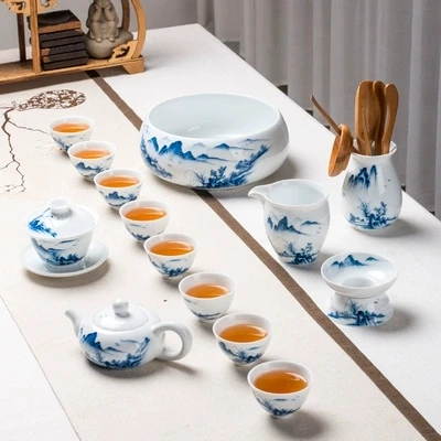Ручная роспись пейзаж белый фарфор Чайный набор кунг-фу чай Gaiwan Чайник дома