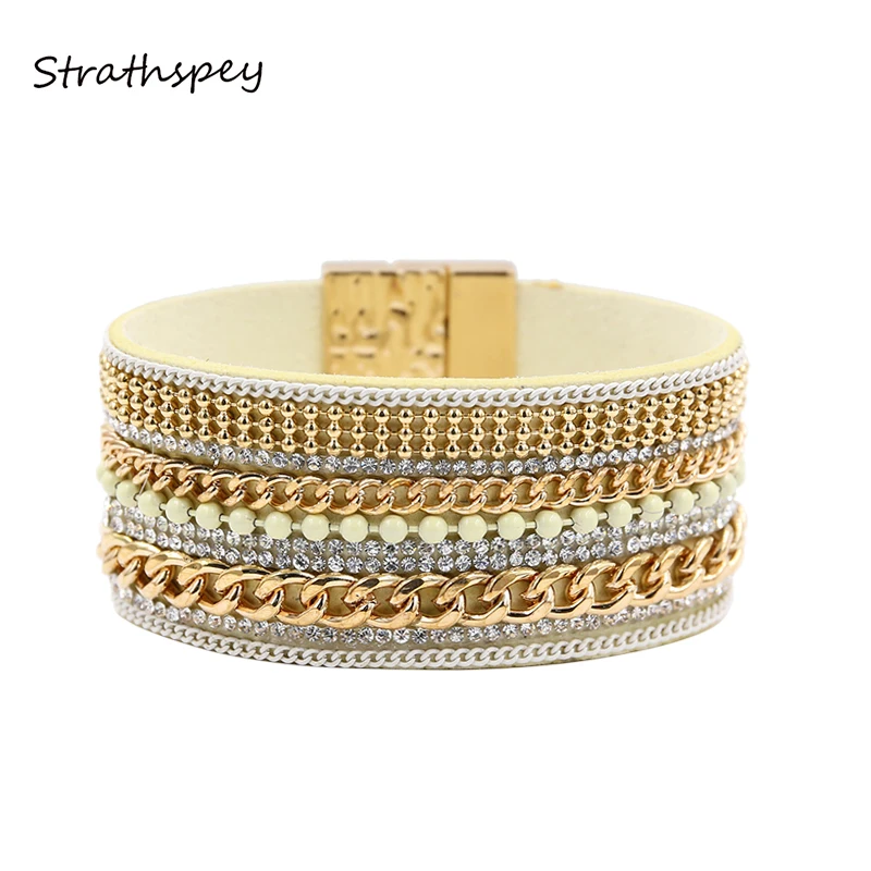 Rhinestone Beads Charm Bracelet For Women Bohemia Chain Wide Leather Bracelets Magnetic Bangles Jewelry | Украшения и аксессуары