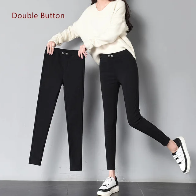 Double Button Новое поступление модные высокие эластичные женские узкие джинсы зауженные брюки с высокой талией женские узкие брюки для девушек размера плюс - Цвет: Double Button