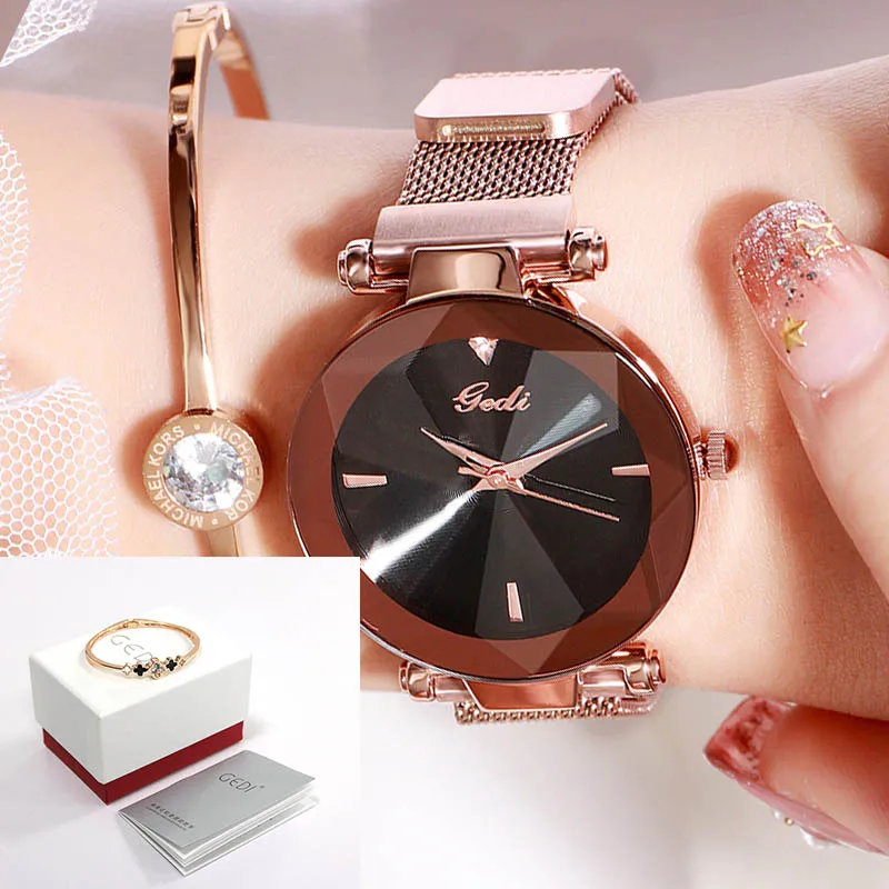 Rosegold black box GEDI Магнитный сетчатый ремень женские наручные часы Элегантные кварцевые женские часы модные водонепроницаемые часы женские новые брендовые reloj mujer - Цвет: Rosegold black box