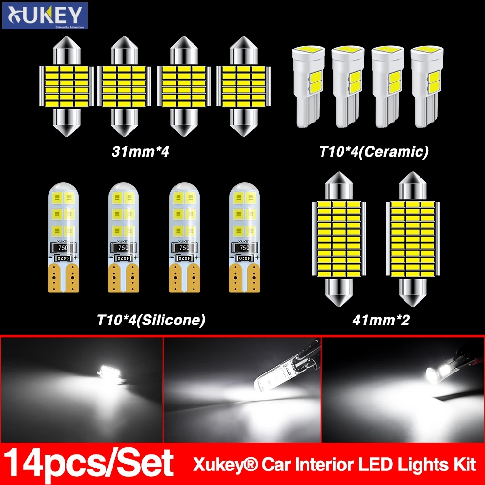 

Xukey 14pcs Car Interior LED Lights Kit Package Dome Trunk License Plate Bulbs Lamps 194 168 501 31mm C5W C10W White 12V