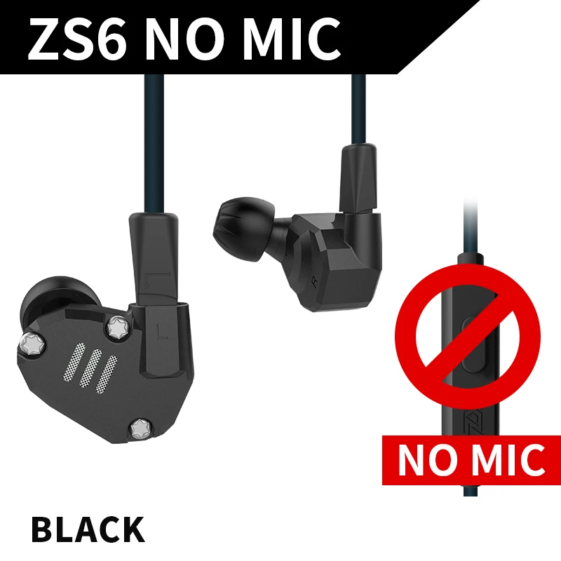 Black no mic KZ ZS6 2DD+ 2BA гибридные наушники-вкладыши HIFI DJ Monito спортивные наушники для бега наушники-вкладыши наушники KZ ZS6 ZS10 ZS5 AS10 ES4 - Цвет: Black no mic