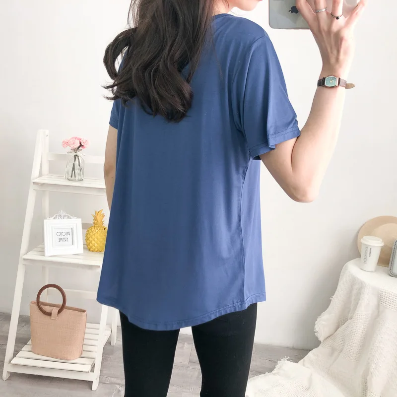 New Women's Pocket T-shirt Summer Plus Size Tee Basic Shirts Women Solid V Neck Short Sleeve Long Casual Loose Female Tops Femme | Женская