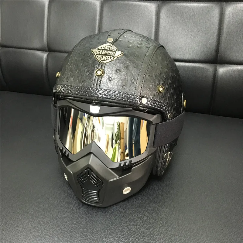 Кожаный мотоциклетный шлем 3/4 с открытым лицом винтажный маской маска для