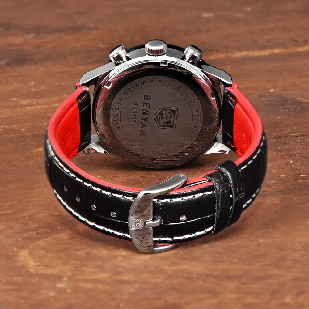 BENYAR Sport Watch Men Luxury Brand Genuine Leather Quartz Chronograph Waterproof With 3 Dials Male Wrist Clock | Наручные часы