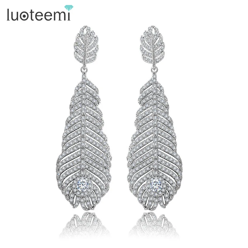 

LUOTEEMI 2016 Latest Luxury Top Quality AAA CZ Fashion Feather Long Zircon Earrings For Women Wedding Jewelry