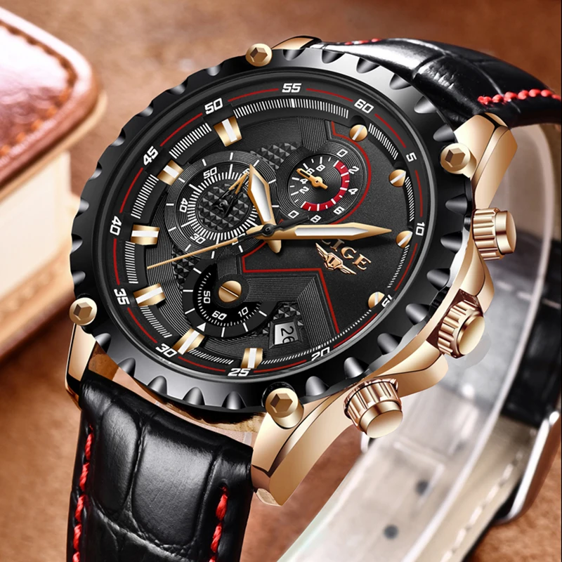 Часы наручные LIGE мужские с кожаным ремешком модные брендовые Роскошные