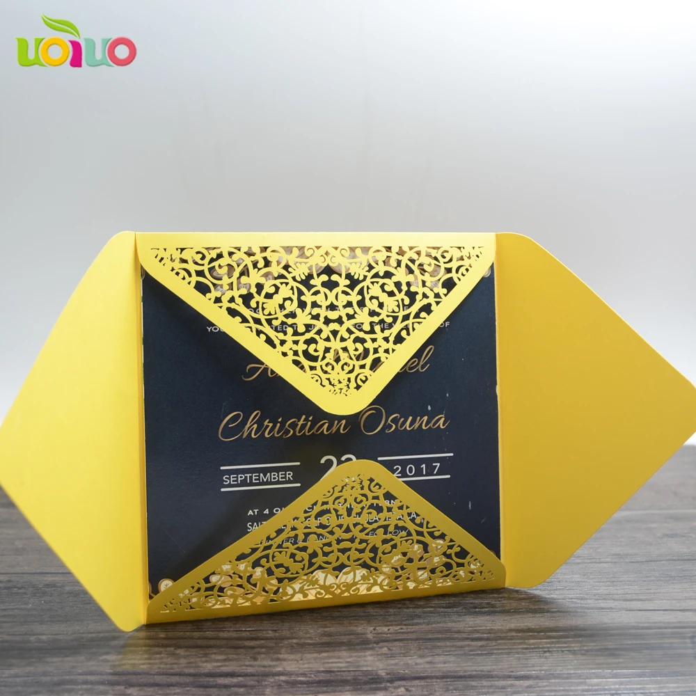 yellow pocket 50pcs Classic Style Wedding Invitations Cards Custom Laser Cut Flower Printable Customizable birthday