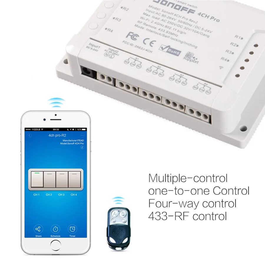 Sonoff 4CH Pro R2 10A 2200 Вт 433 мГц RF толчковой/самоконтрящаяся/блокировки умный дом WI FI