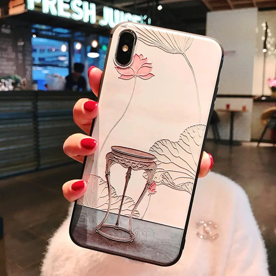 Чехол Emboss в китайском стиле для телефона чехол iPhone 6 S 7 8 Plus Capa XS XR XSMax Lotus Back X |