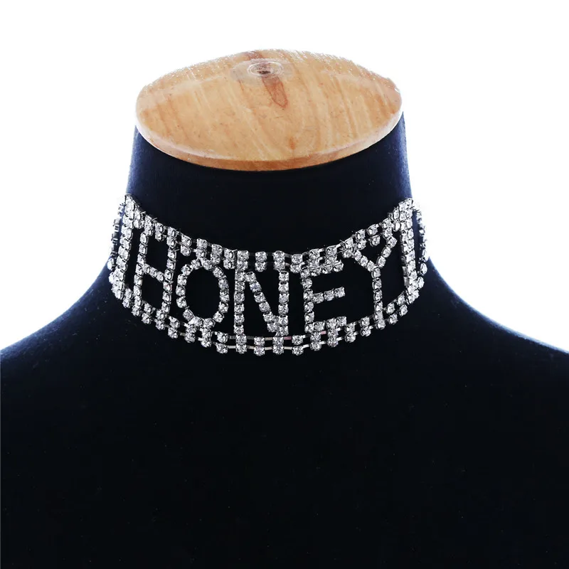honey-sliver Ожерелье-чокер в стиле панк, стразы, БУКВЕННОЕ ожерелье для женщин, роскошные ювелирные изделия с кристаллами, чокер, ожерелье в стиле Харадзюку, подарок - Окраска металла: honey-sliver