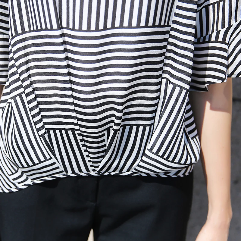 100% Silk Blouse Women Lightweight Fabric Striped Printed Plus O Neck Ruffles Half Sleeves Loose Casual Tops New Fashion 2017 |