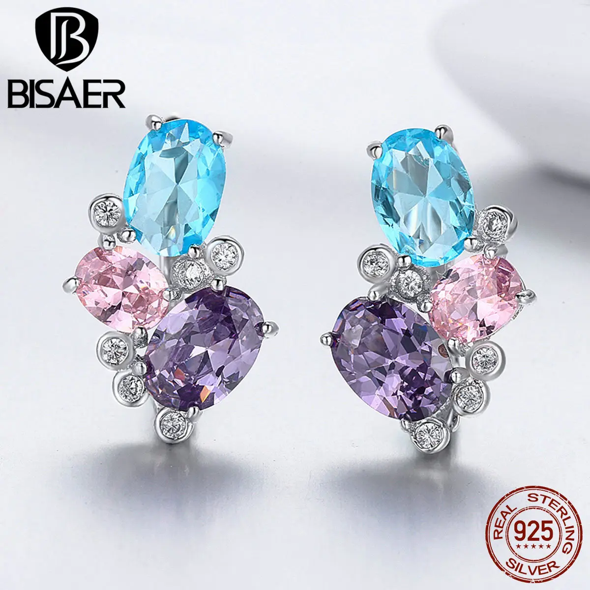 BISAER 925 пробы, серебряные, синие серьги-гвоздики с кубическим цирконием для женщин, женские свадебные модные ювелирные изделия, Bijoux Brincos GXE579