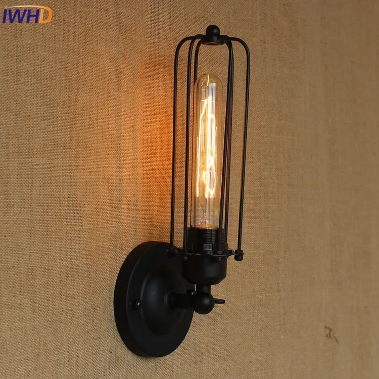 

IWHD American Loft Industrial Wall Lamps Vintage Bedside Iron Wall Light Black Metal Lampshade E27 Edison Bulbs 110V/220V