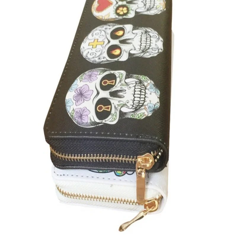 Punk Suger Skulls Flower Long Wallet Zipper Purse Bag Design Wo Clutch Bag Purse Handbags For Woman Ladies Phone Holder Card