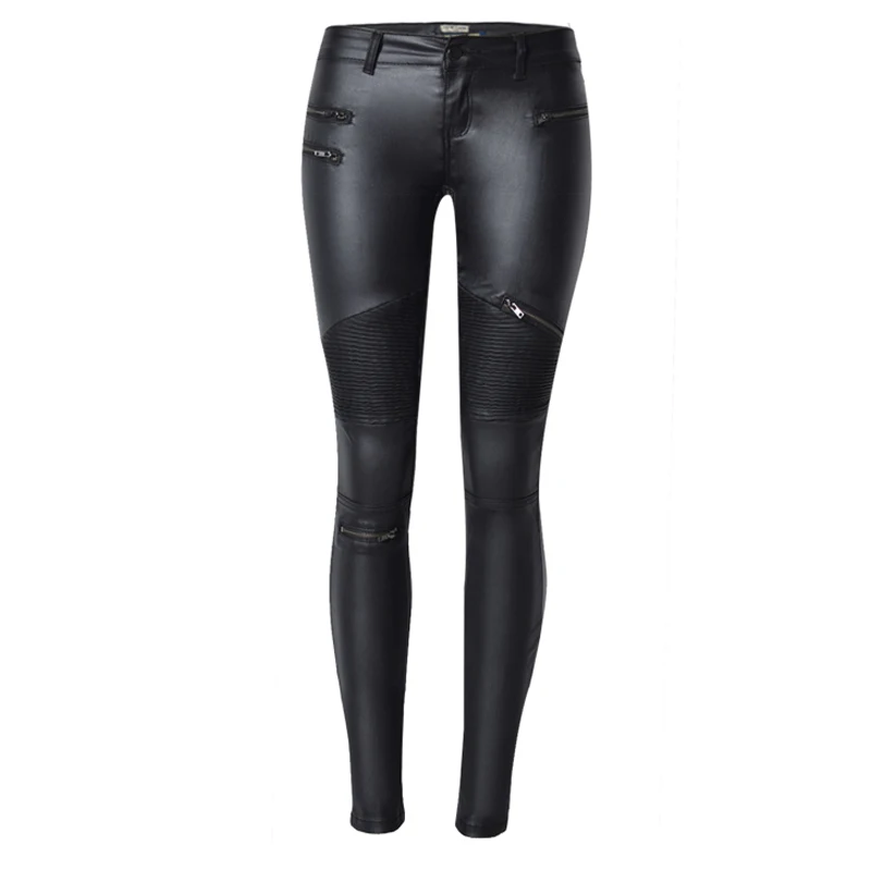 2018 Autumn/Winter Black Sexy Women Pu Leather Pants Zipper Stretch Bodycon Pleated Patchwork Punk Rock Pencil Long | Женская одежда