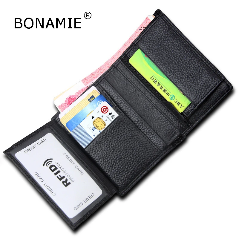 Black BONAMIE Для мужчин тонкий бумажник RFID натуральная кожа тонкий человек Короткие Кошелек с карман на молнии мужской Банк Кредит держатель для карт черный - Цвет: Black