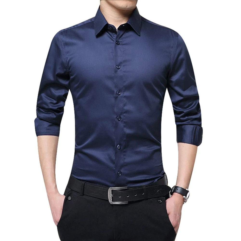 dark blue Новинка, Брендовые мужские осенние Рубашки с длинным рукавом, облегающие, одноцветные, с отложным воротником, смокинг, рубашки, деловые, официальные, мужские рубашки, большой размер 3XL - Цвет: dark blue