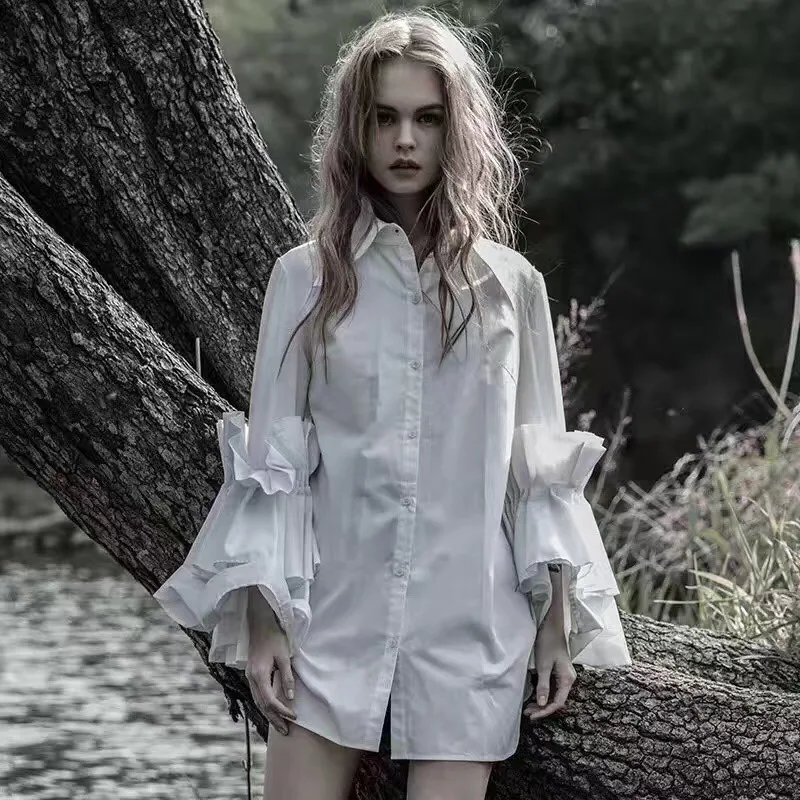 Женская плиссированная рубашка средней длины с расклешенными рукавами блузка