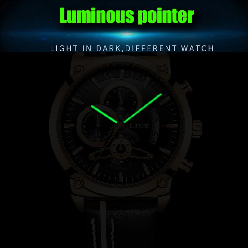 Часы наручные LIGE Мужские кварцевые роскошные Брендовые спортивные Модные