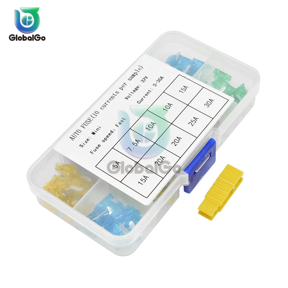 100 шт./лот мини плавкие предохранители Авто комплект предохранителей 5A 10A 15A 20A 25A 30A