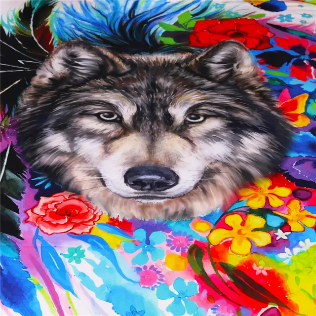 BlessLiving Wolf Tapestry Wall Hanging Boho with Colorful Flowers Feathers Rainbow Tapestries Hippie Wall Decor 150x200cm Sheets 2
