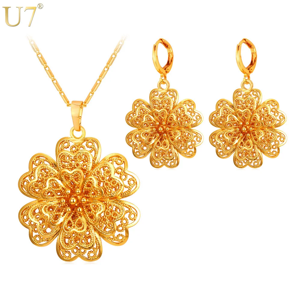 

U7 Big Flower Pendant Necklace & Earrings Set Gold/Silver Color Vintage Wedding Bridal Jewelry Set For Women Gift Party S860