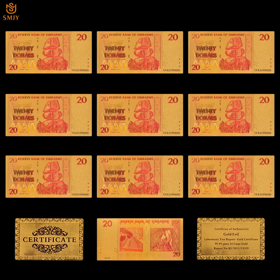 10 шт. новинка 2018 Зимбабве 20 долларов 24 К поддельные деньги Золотая фольга