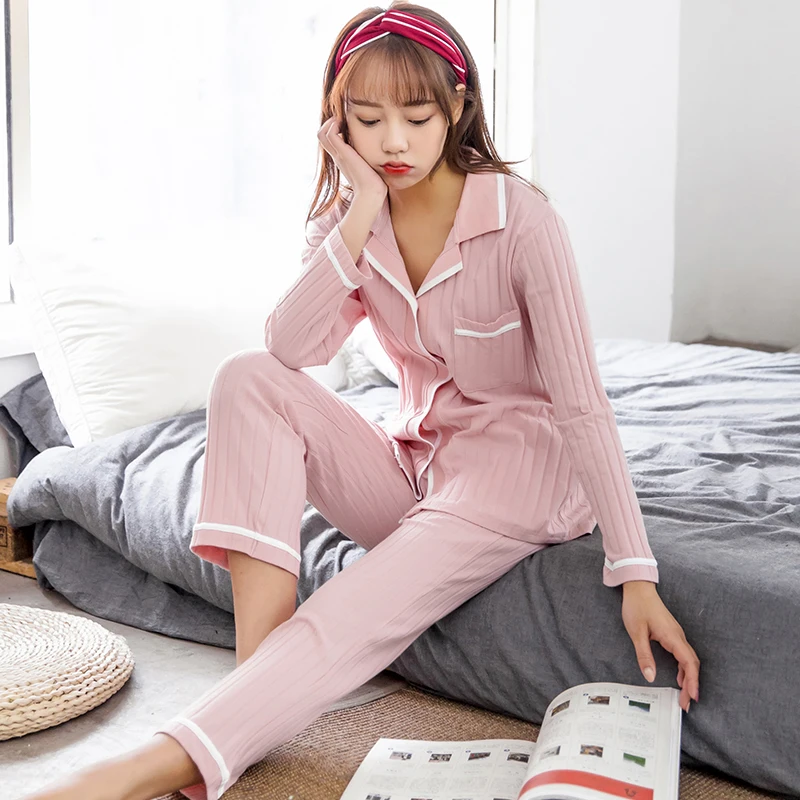 Женская розовая полосатая ночная рубашка 2 штуки с длинными рукавами из чистого хлопка ночная рубашка для весны и осени