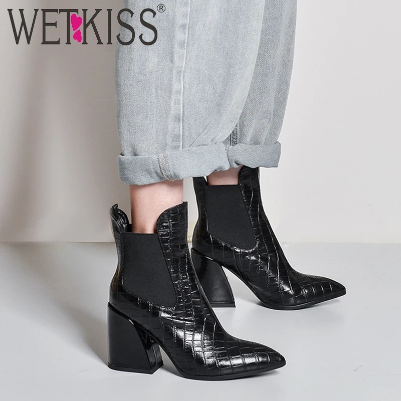 Женские кожаные ботинки WETKISS черные вечерние челси из воловьей кожи с острым