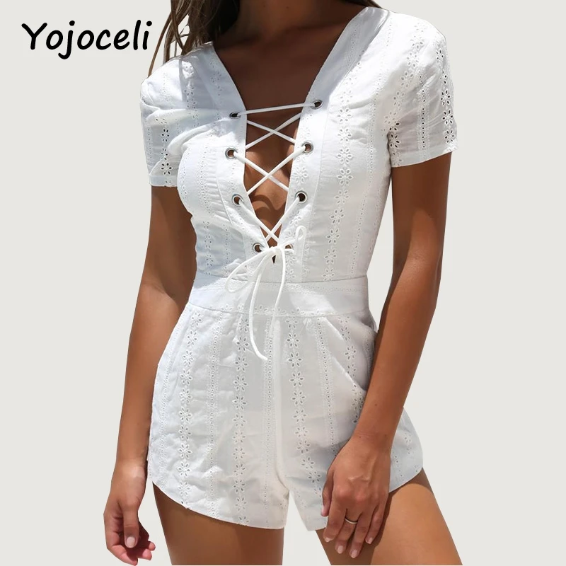 Yojoceli 2018 Весна осень элегантные кружевные комбинезоны комбинезон bodycon на шнуровке