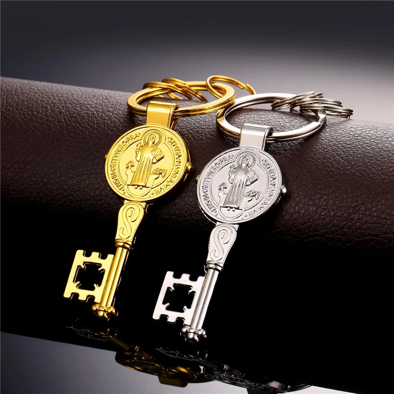 

New Saint Benedict Medal Key Charms Keychain Fashion Cross Accessories Bag Keyrings Gold Color Car Key Chain Men Gift K2303