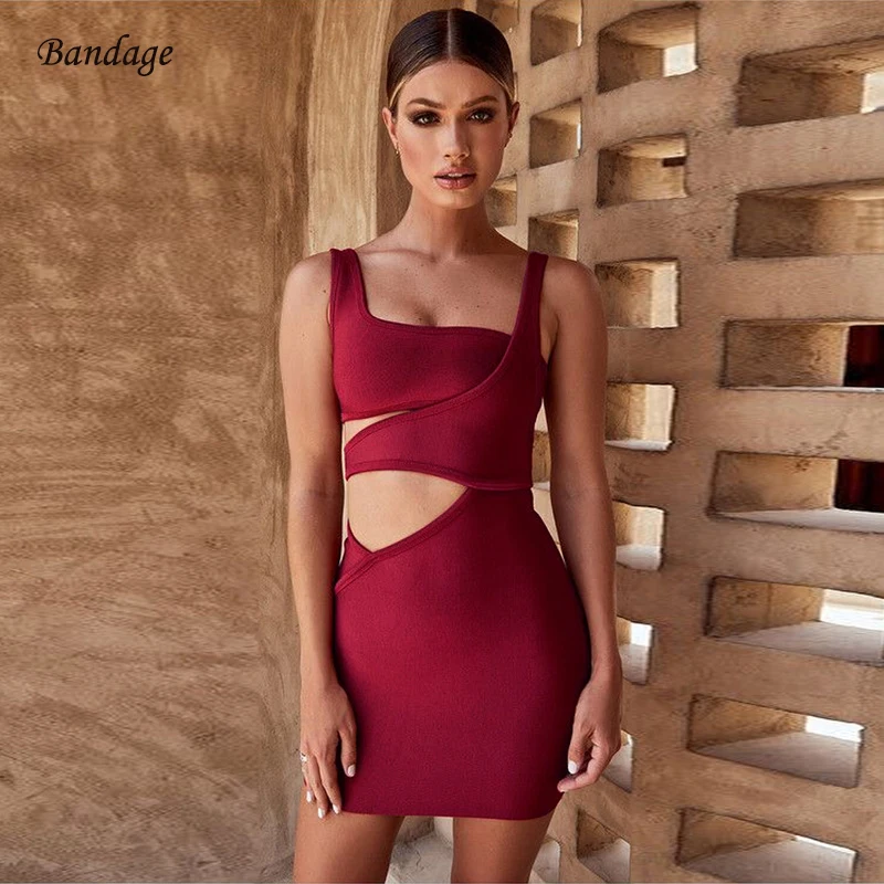 2018 летнее женское Бандажное платье Vestidos винно-красное на бретелях сексуальное