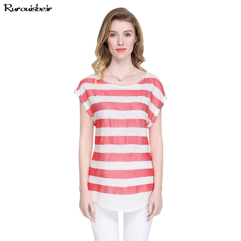 Casual O Neck Striped Top T Shirt Women Chic Embroidery Short Sleeve Tee Femme 2019 Summer Chiffon Plus Size | Женская одежда