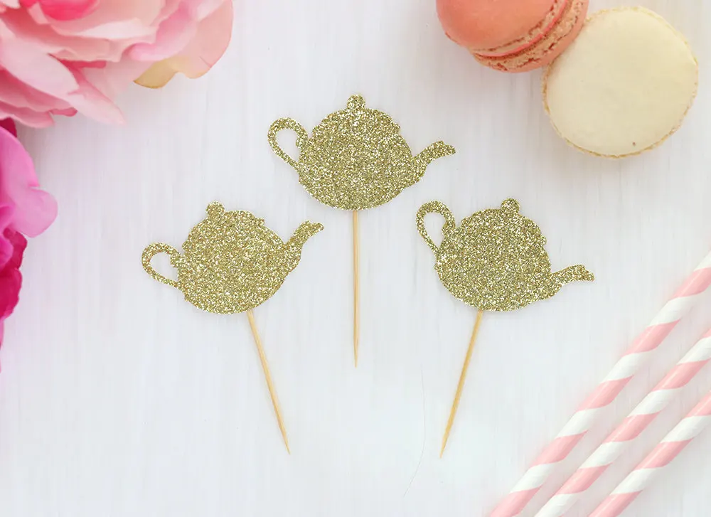Блестящие топперы для кексов чайной Вечеринки (набор из 12) -топперы чайных