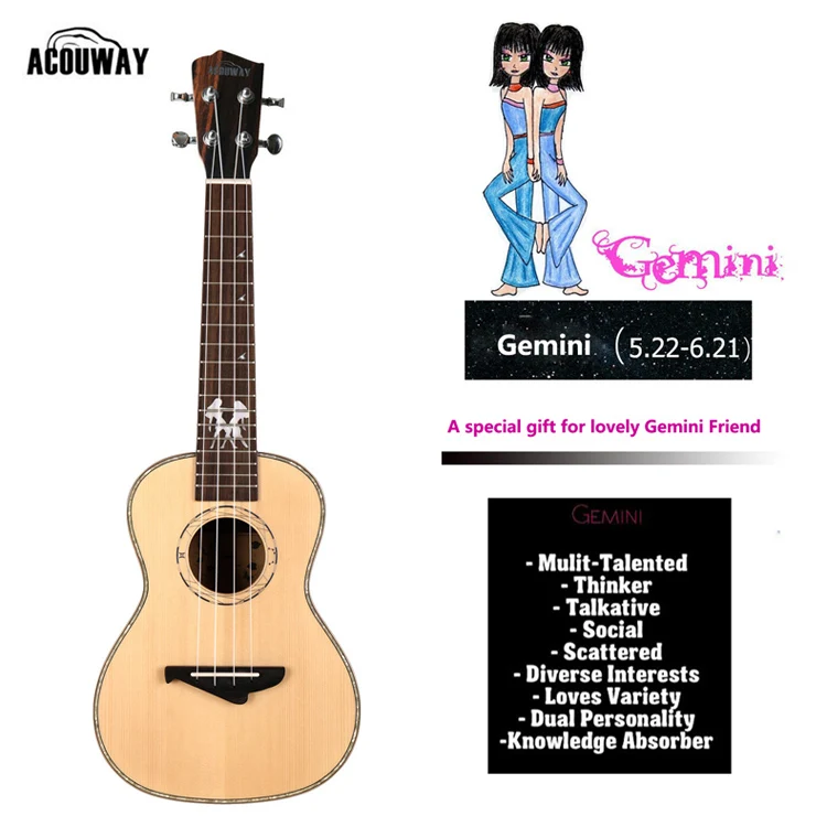 Gemini Acouway твердая ель Топ укулеле ukelele концертный тенор 23 26 укулеле глянцевая отделка 12 подарок зодиака подарок модель с бесплатной сумкой - Цвет: Gemini