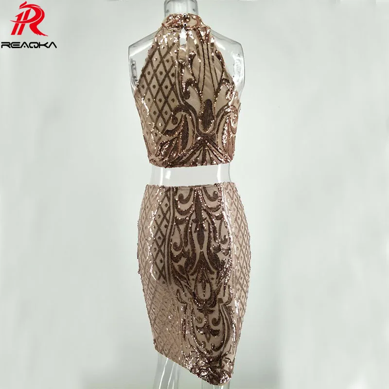 Reaqka Women Summer Two pieces Golden Sequins Dress 2017 Sexy sleeveless Sundress Luxury Club Off Shoulder Party Dresses vestido|vestido off|dress