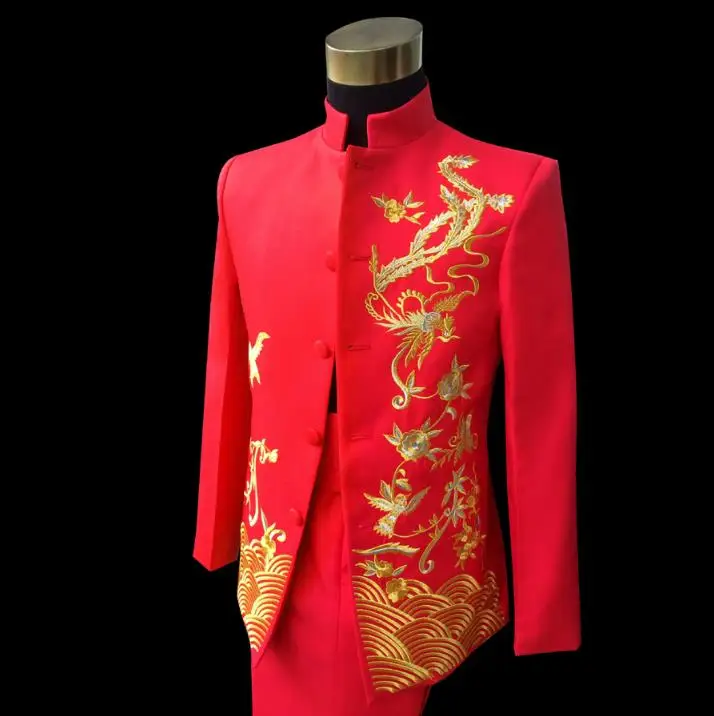 Красный вышитый дракон халат формальное платье Последние пальто брюки дизайн