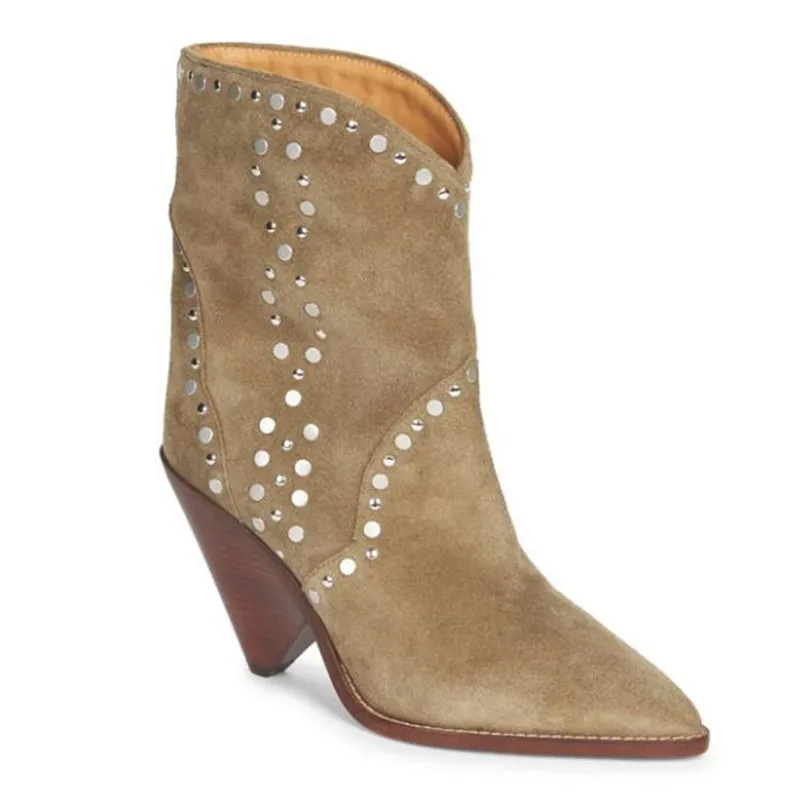 New Suede Leather Ankle Boots For Women Pointed Toe Spike Heels Cowboy Rivets Studded Slip On Shoes Botines Mujer | Обувь