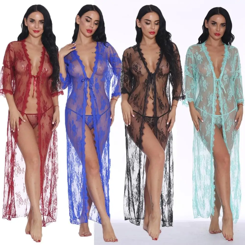 Женское Сексуальное белье Babydoll, эротический халат, ночная Пижама с тонкими прозрачными длинными рукавами, кружевное ночное белье, ночной кардиган, Халат