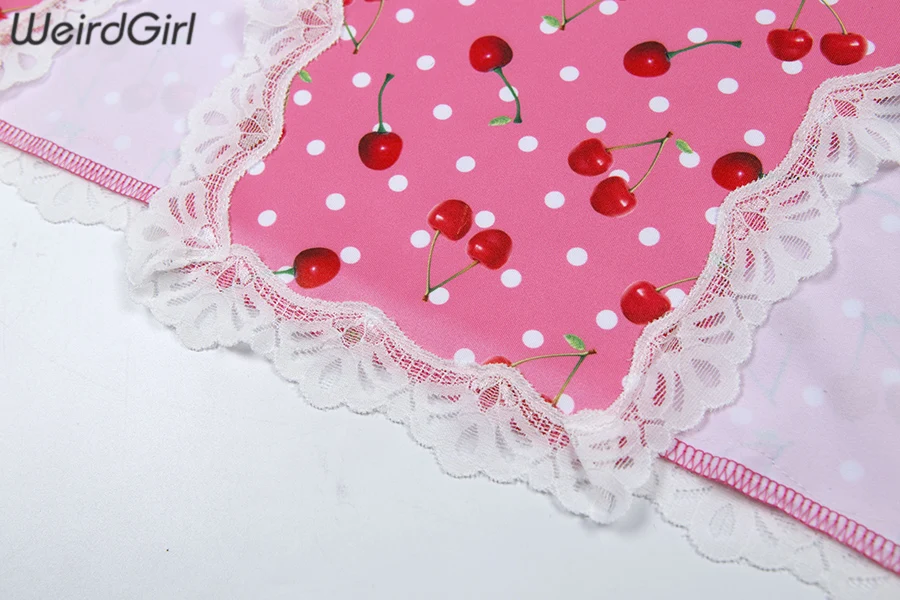 Weirdgirl women lace up cherry dot print sexy dress slip slit cute girl pink vestidos sleeveless v-neck bodycon femme short mini
