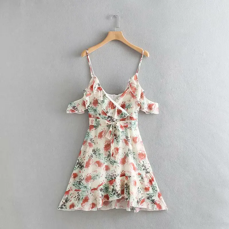 2019 Женская мода цветочный принт оборки открытые плечи платье на петельках