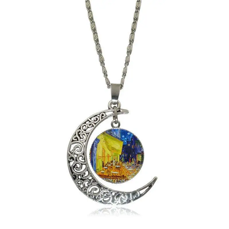 EJ Glaze Van Gogh Cafe Terrace Necklace Fashion Long Chain With Crescent Shaped Jewelry For Women Jewellery | Украшения и