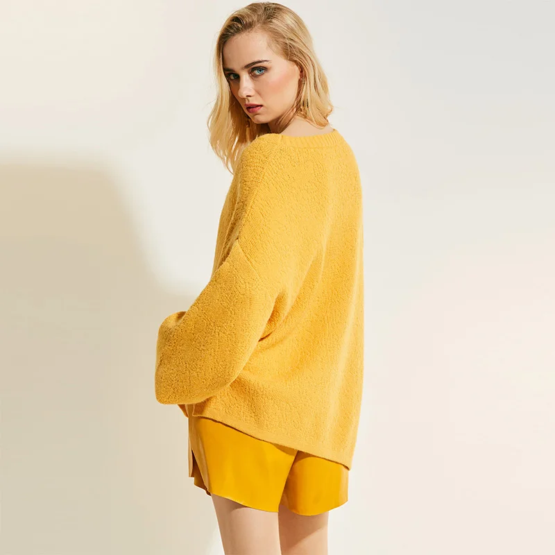 Winter Yellow Sweater Women Round Neck Solid Lantern Sleeve Pullover Fashion Plain Girls Knitted Autumn Long