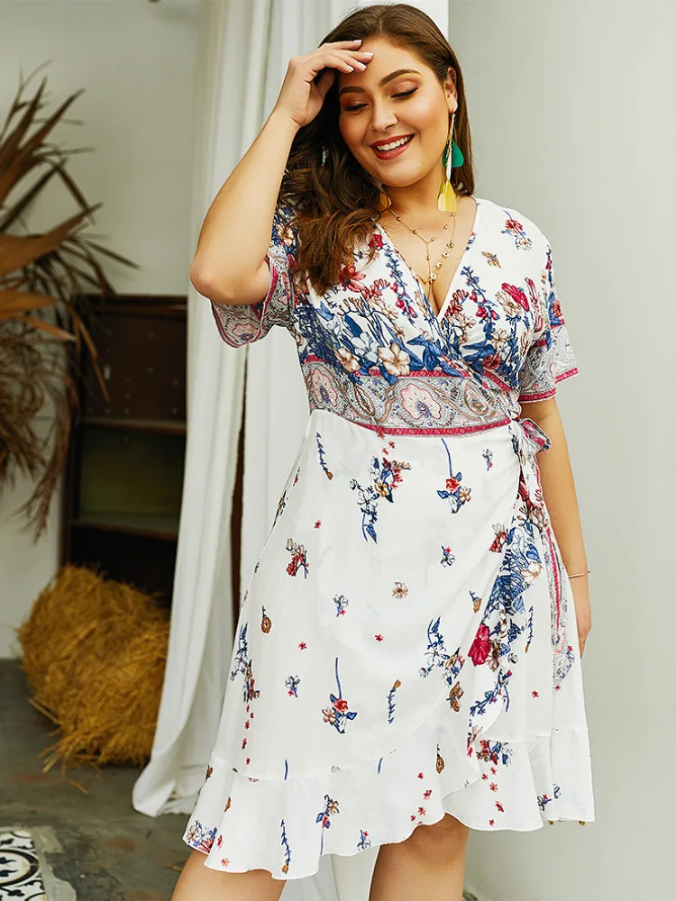 Женское хлопковое платье с оборками сарафан поясом коротким рукавом и v образным