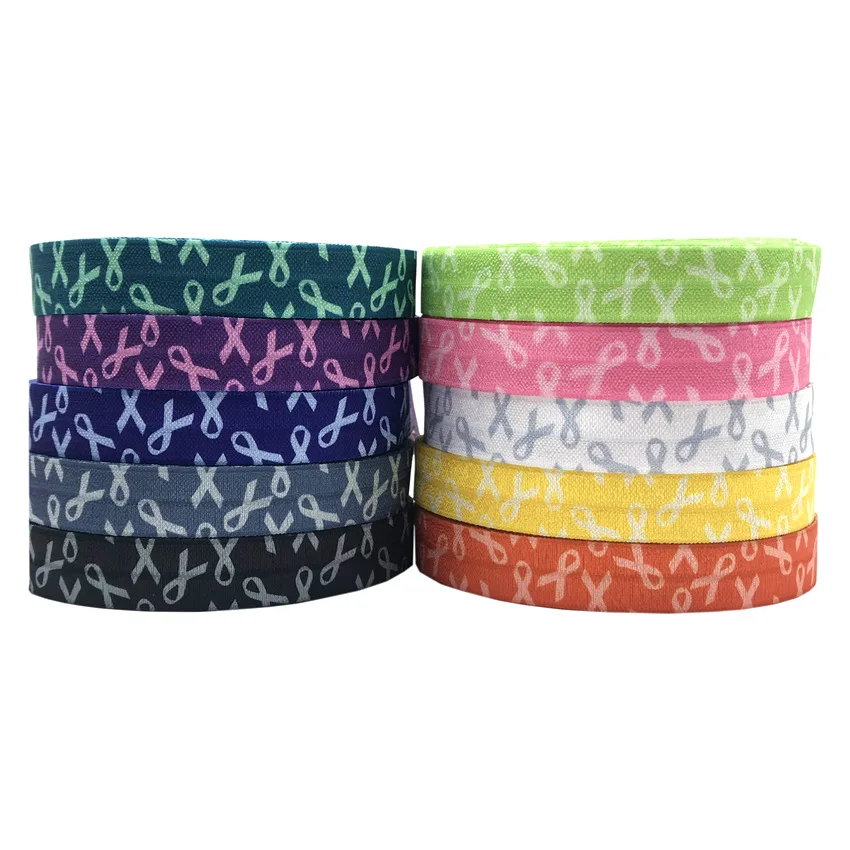 

Breast Cancer Awareness Printed Fold Over Elastic 10 Yards 16mm FOE Webbing Diy Hair band Sewing decoration Accessories