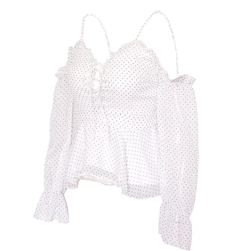 

Newly Women Chiffon Tops Round Dot Off Shoulder Backless Spaghetti Straps Tops for Summer m99