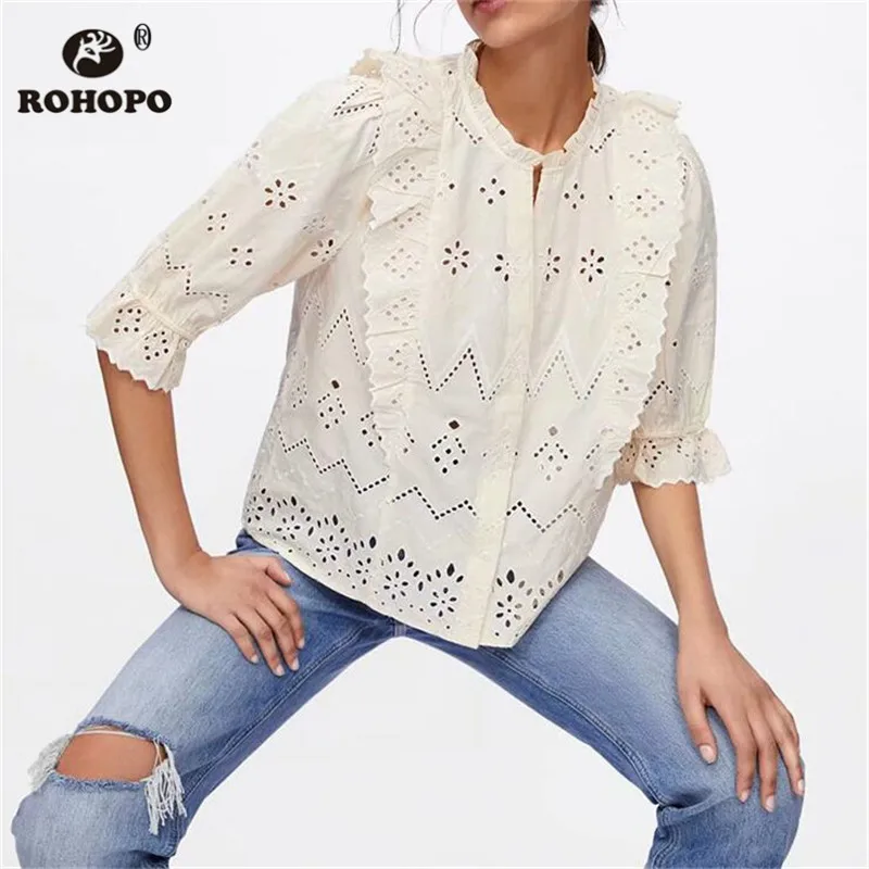 ROHOPO Женская шикарная консервативная хлопковая блуза с длинным рукавом