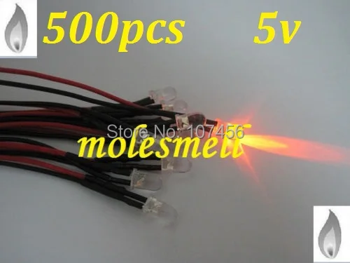 Free shipping 500pcs 5mm orange Flicker 5V Pre-Wired Water Clear LED Leds Candle orange Light 20CM